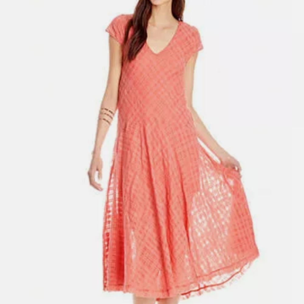Free People Priscilla Plaid Festival Coral Flowing Boho Midi Dress